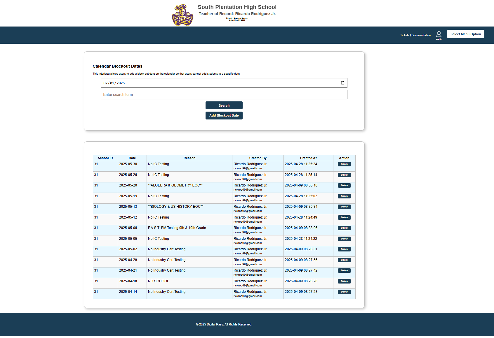 Monthly calendar view for test scheduling with blocked dates and scheduled sessions