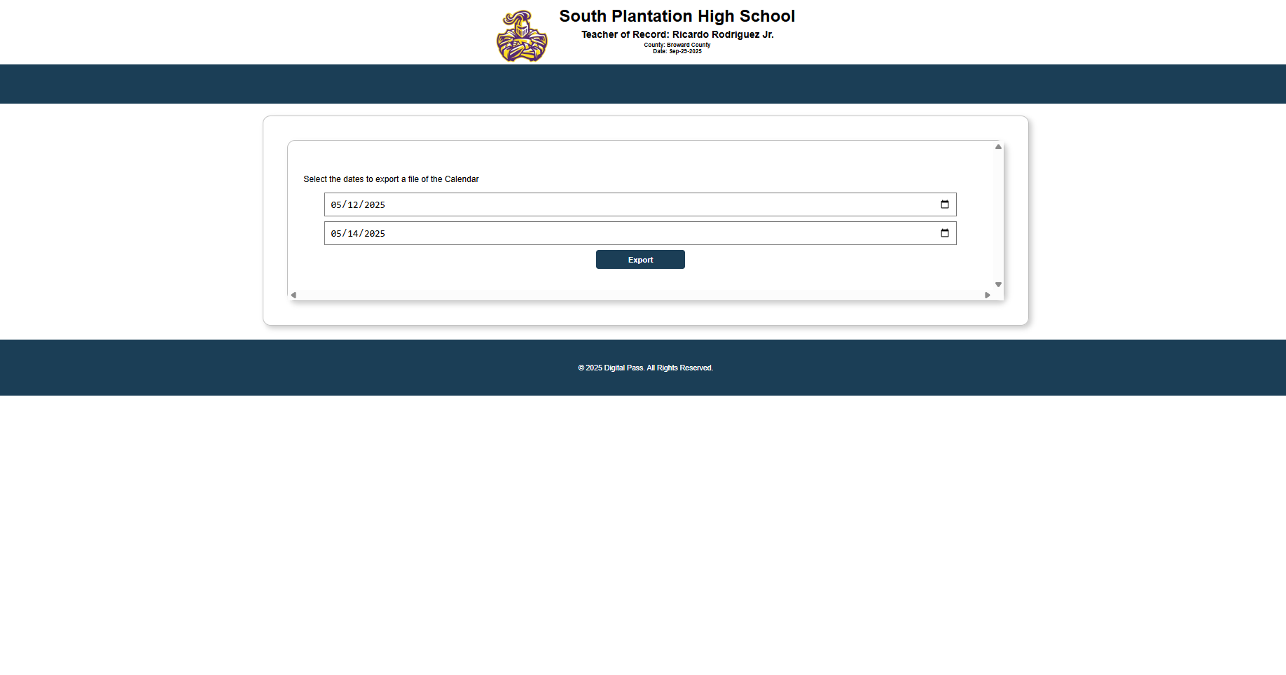 Roster export interface showing date range selector for multi-day testing schedules