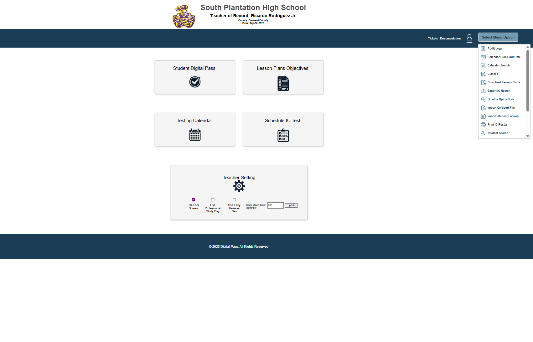 Main dashboard interface showing hall passes, lesson plans, testing calendar, and settings modules