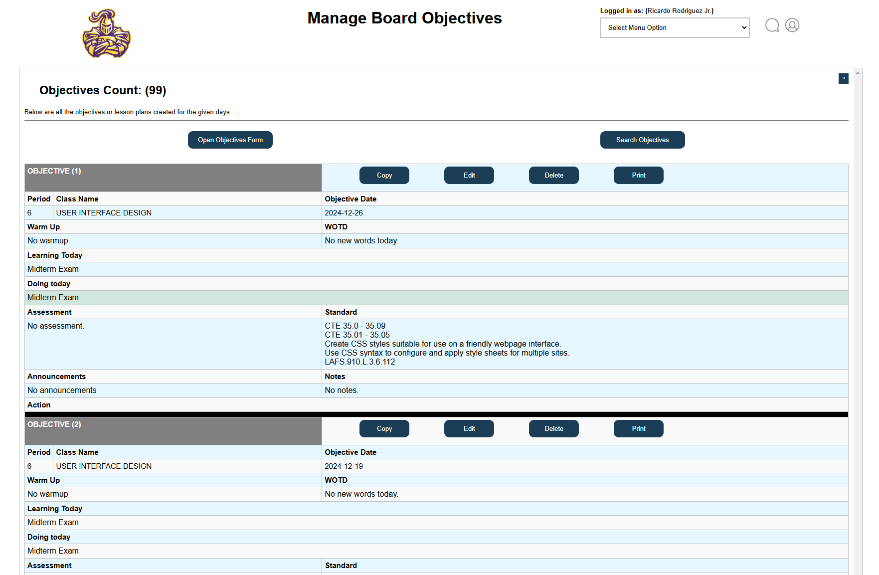 Lesson plan editor showing objectives, activities, and CTE standards alignment fields