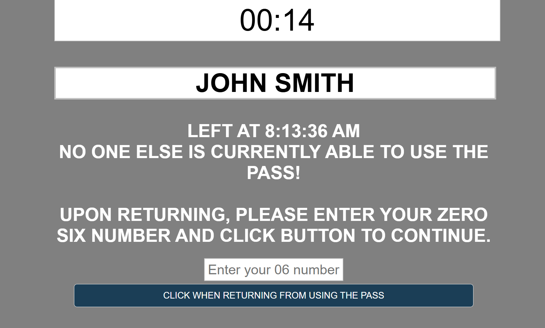 Student tracking screen showing currently signed out students with time elapsed and overtime alerts